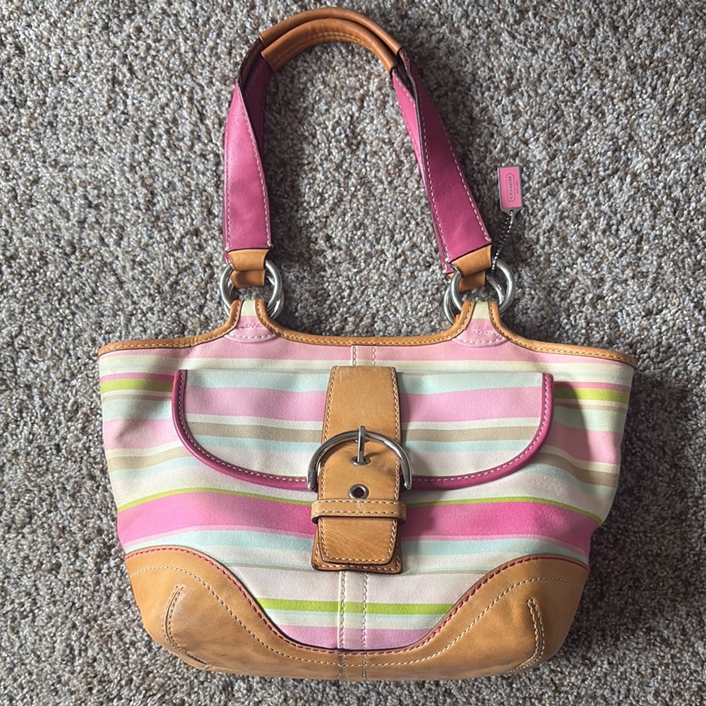 💗Coach Pink and Tan Shoulder Bag with Striped Design